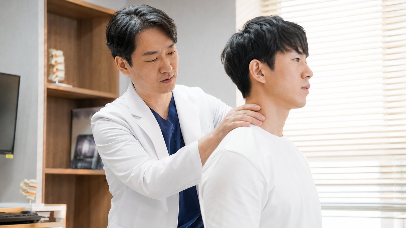 목의 회전 범위를 확인하는 진찰 장면