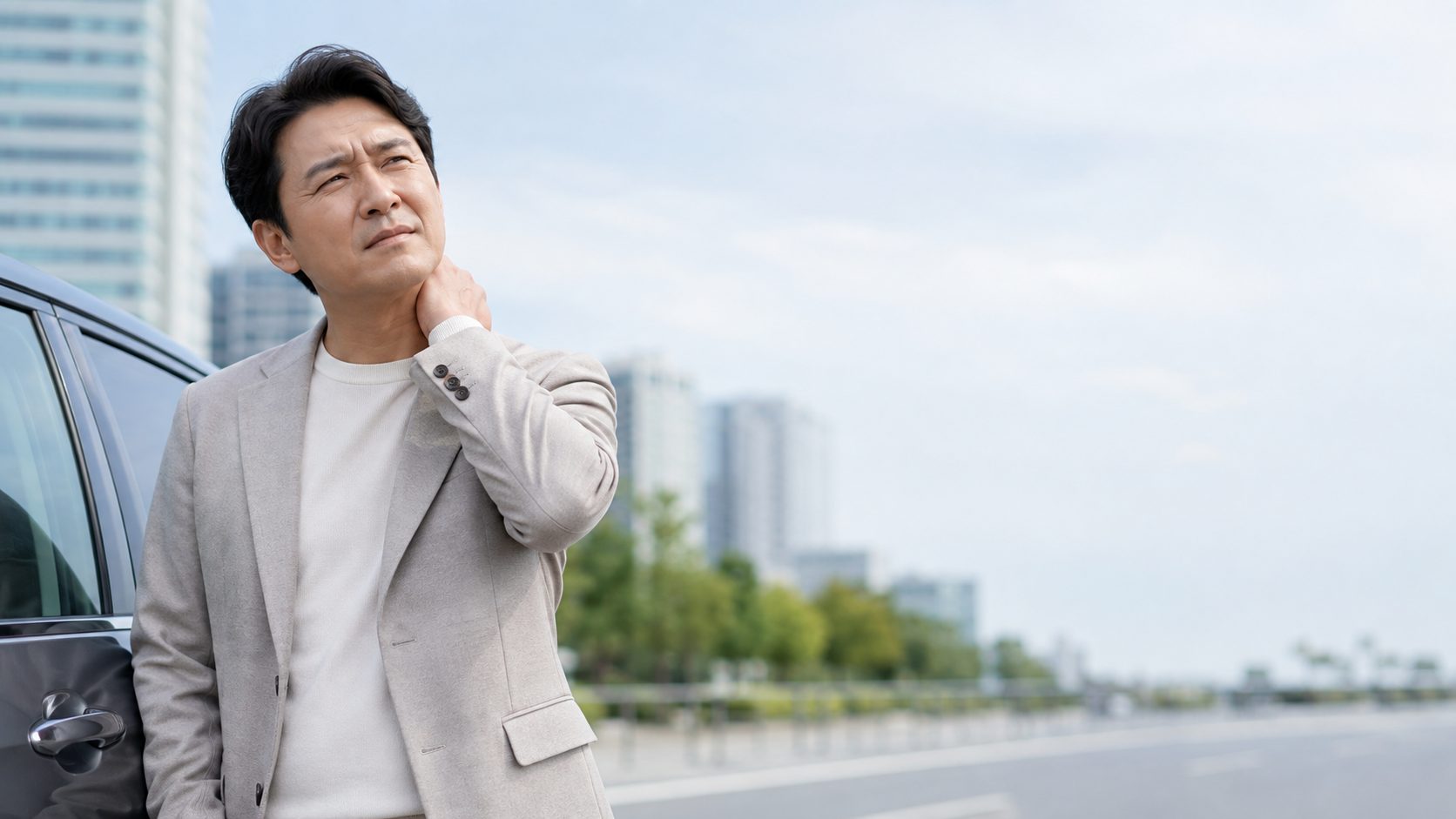 교통사고 이후 목과 어깨의 불편함을 느끼는 남성