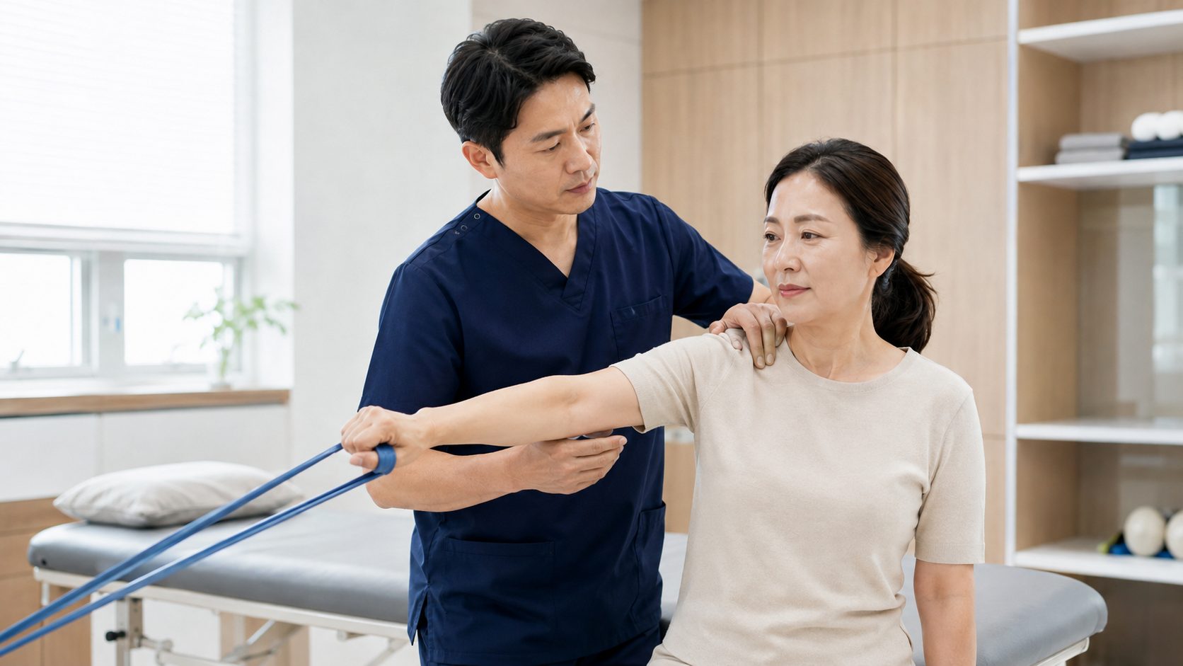 어깨 가동 범위 치료, 무릎 재활 치료, 운동 치료, 물리치료 장면