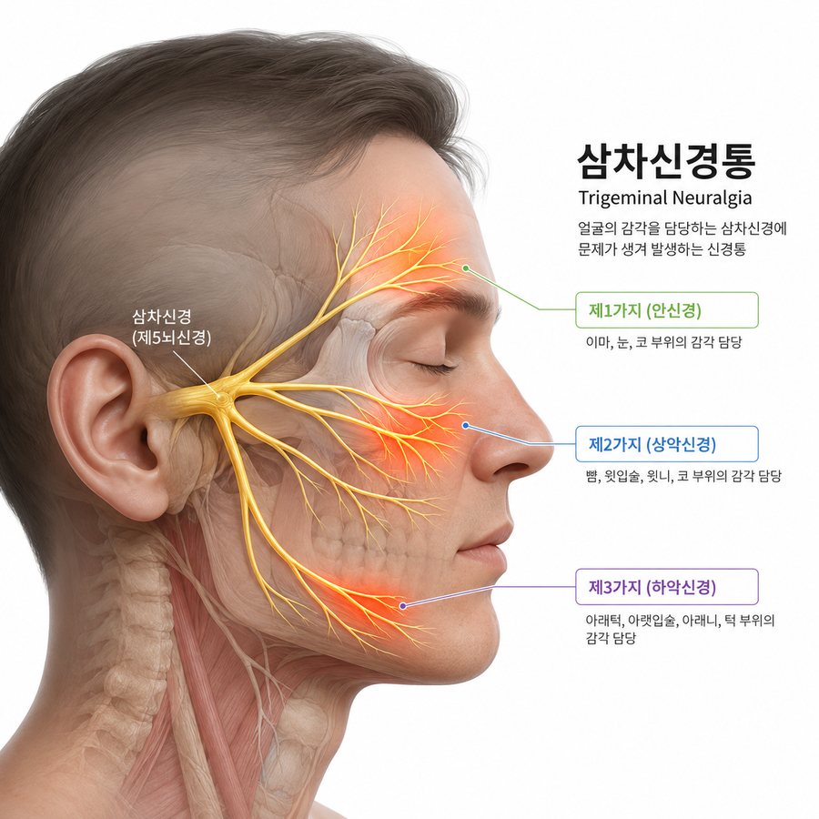 얼굴 측면의 삼차신경 세 갈래 구조 3D 일러스트