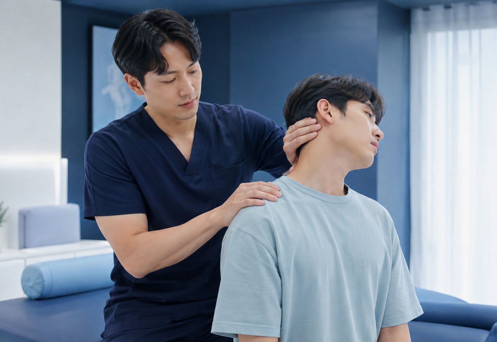 치료 전에는 통증 위치와<br>움직임을 먼저 확인합니다.