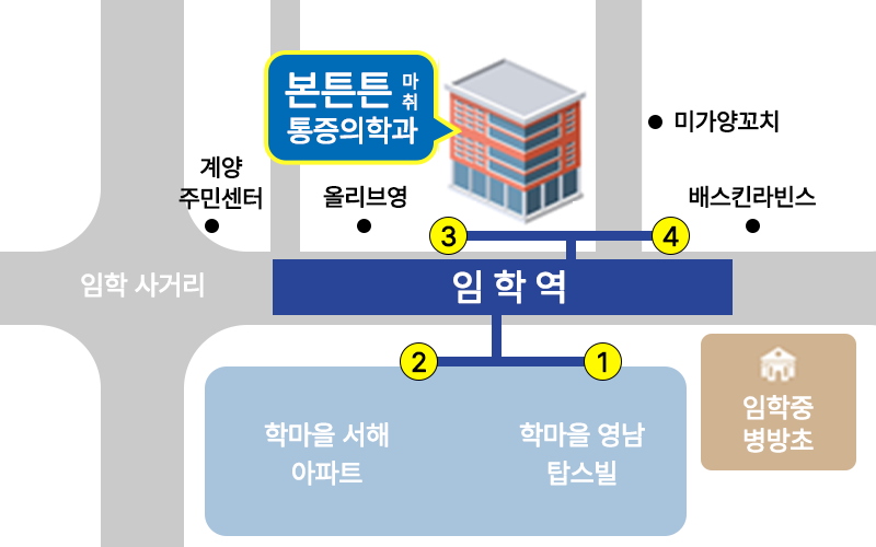 본튼튼마취통증의학과의원 약도 - 임학역 4번 출구 앞 진빌딩 3층